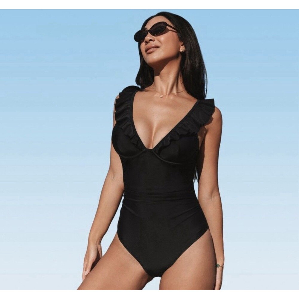Cupshe Black Ruffled Bust Enhancement Tummy Control One Piece Swimsuit Women’s L